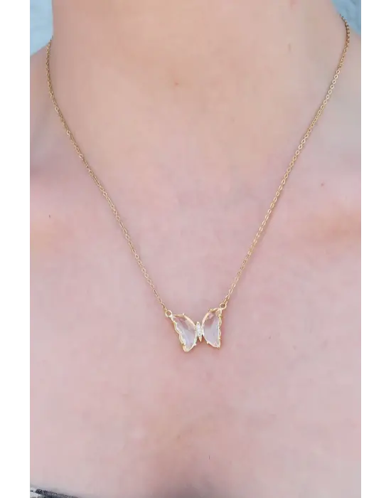 316L Çelik Gold Renk Beyaz Kristal Taşlı Şeffaf Kelebek Kolye