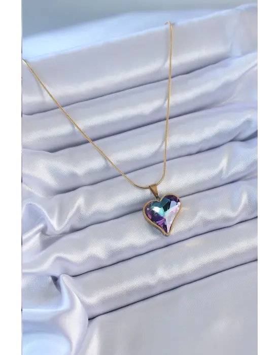  Altın  Kristal Taşlı Kalp Model  Çelik Kolye