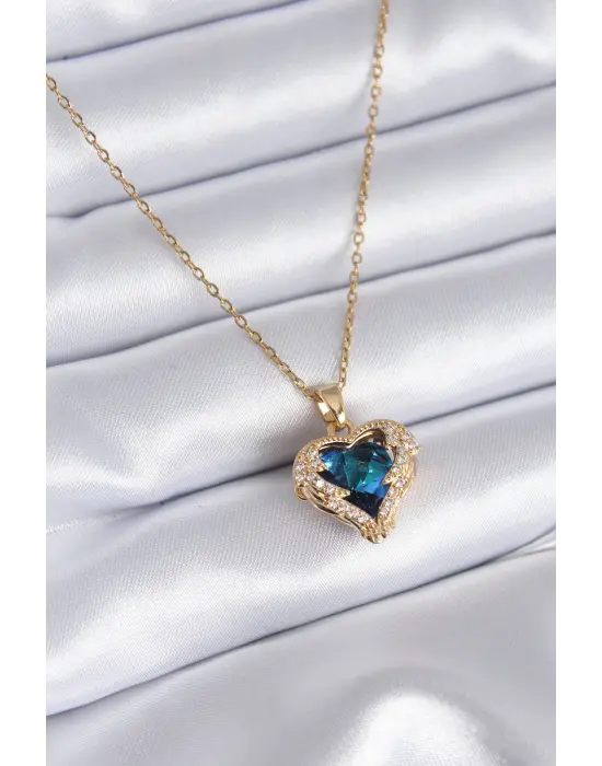  Altın  Kristal Taşlı Kalp Model Zirkon Taşlı  Çelik Kolye