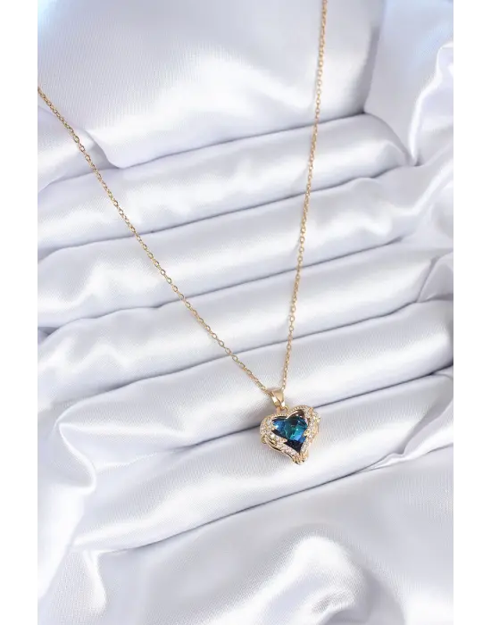  Altın  Kristal Taşlı Kalp Model Zirkon Taşlı  Çelik Kolye