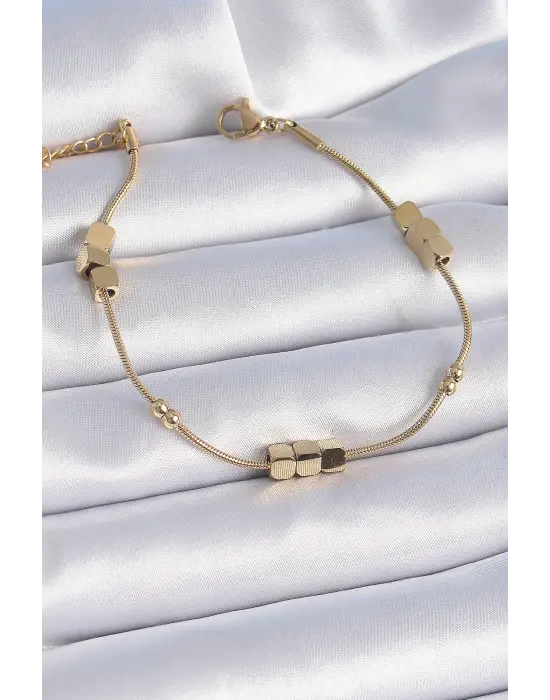 316L Çelik Gold Renk Küp Figür Topçuk Detay Kadın Bileklik