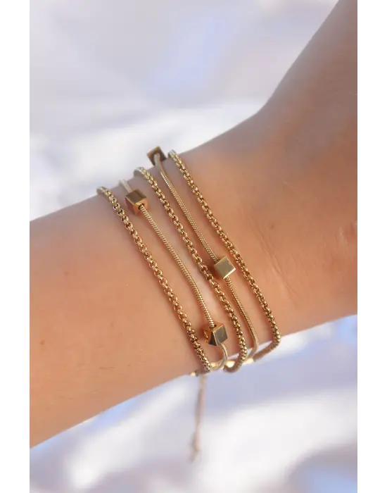 316L Çelik Gold Renk Küp Tasarımlı Çoklu Bileklik