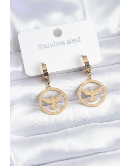   Altın Kuş Model İşleme Detay Çelik Küpe