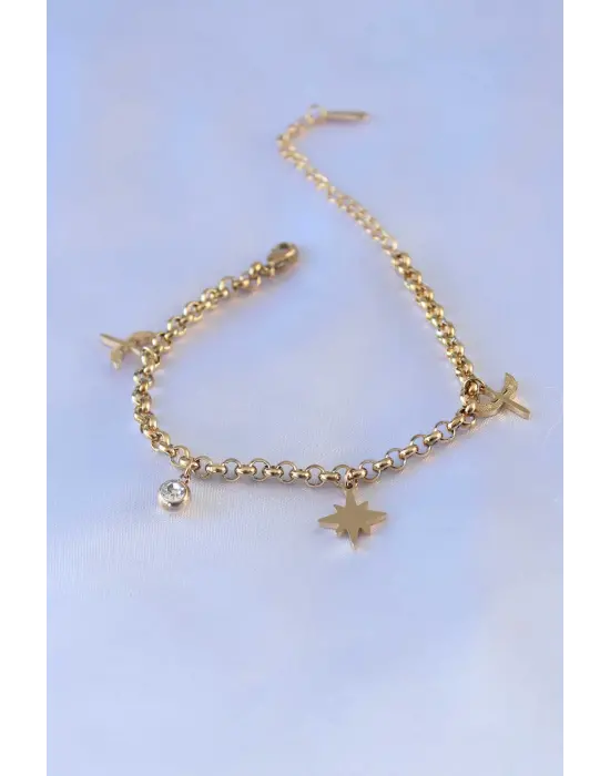 316L Çelik Gold Renk Kutup Yıldızı Figür Zirkon Taş Detay Kadın Bileklik