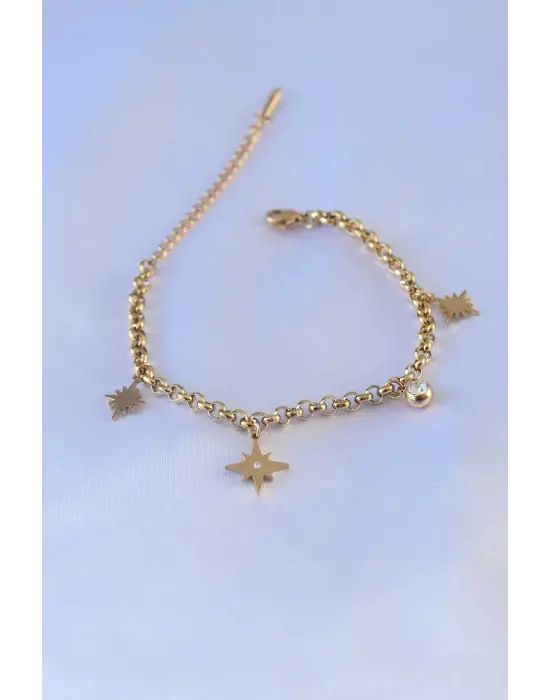 316L Çelik Gold Renk Kutup Yıldızı Figür Zirkon Taş Detay Kadın Bileklik