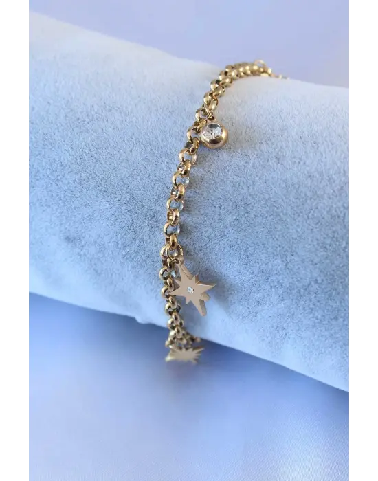 316L Çelik Gold Renk Kutup Yıldızı Figür Zirkon Taş Detay Kadın Bileklik