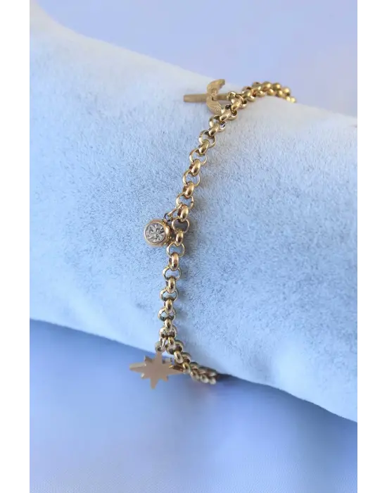 316L Çelik Gold Renk Kutup Yıldızı Figür Zirkon Taş Detay Kadın Bileklik