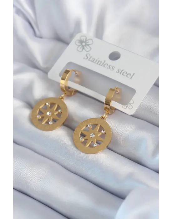   Altın Kutup Yıldızı Model İşleme Detay Zirkon Taşlı Çelik Küpe