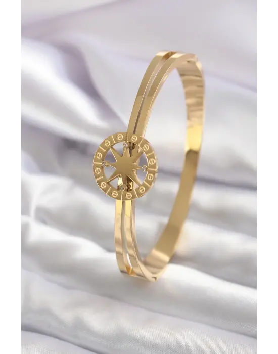 316L Çelik Gold Renk Kutup Yıldızı Model Zirkon Taş Detay Kadın Kelepçe