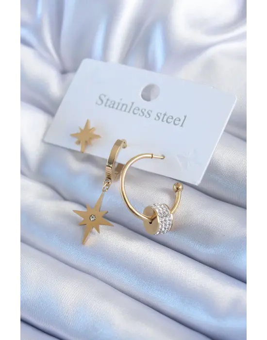 316L Çelik Gold Renk Kutup Yıldızı Model Zirkon Taş Detay Kadın Küpe