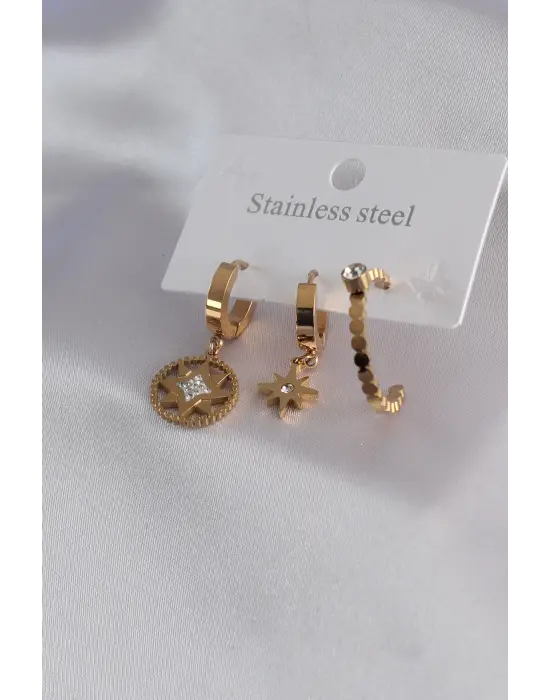 316L Çelik Gold Renk Kutup Yıldızı Model Zirkon Taşlı Kadın Küpe Kombini