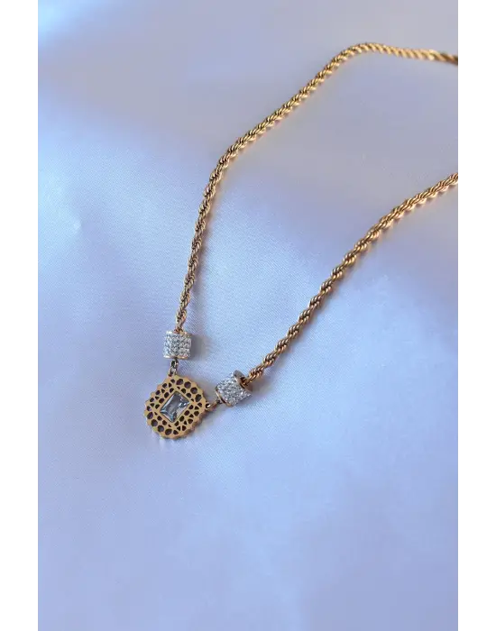 Altın  Lotus Model Zirkon Taşlı Burgu Zincir  Çelik Kolye