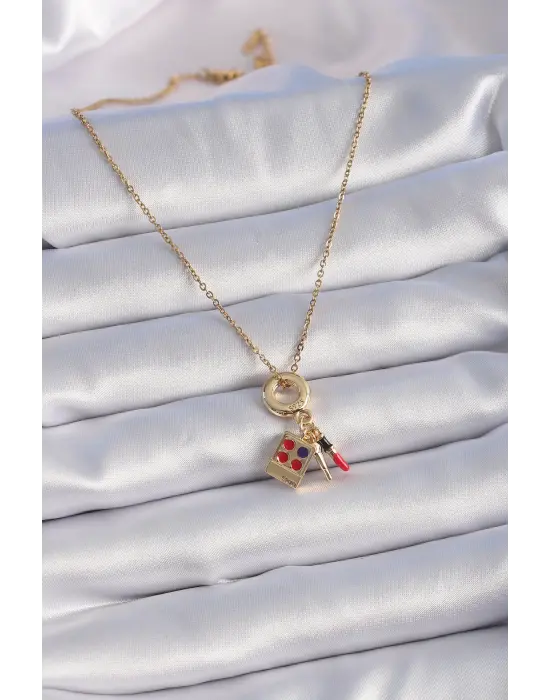  Altın  Makyaj Paleti Figür Charm Model  Çelik Kolye