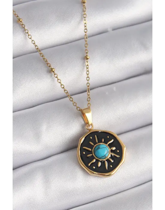  Altın  Mavi Boncuk Güneş İşleme Madalyon Model  Çelik Kolye