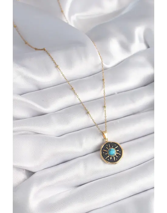 Altın  Mavi Boncuk Güneş İşleme Madalyon Model  Çelik Kolye