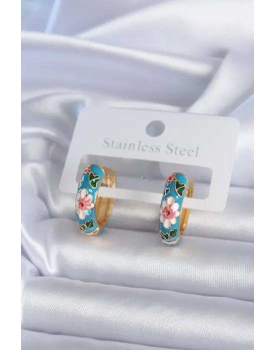   Altın Mavi Çiçek İşleme Detay Çelik Küpe