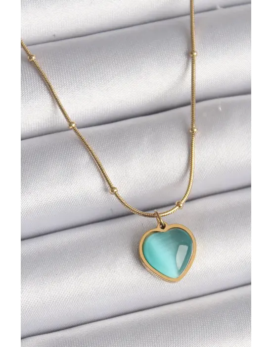  Altın  Mavi Kedi Gözü Sedefli Kalp Model  Çelik Kolye