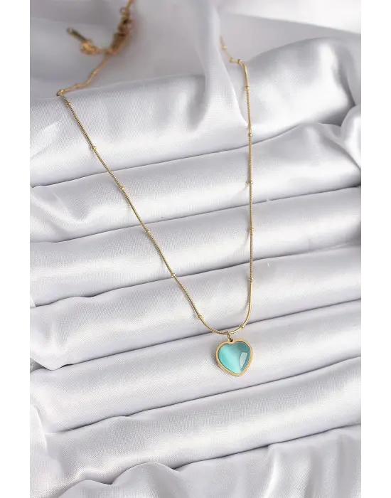  Altın  Mavi Kedi Gözü Sedefli Kalp Model  Çelik Kolye