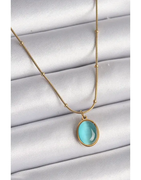  Altın  Mavi Kedi Gözü Sedefli Oval Model  Çelik Kolye