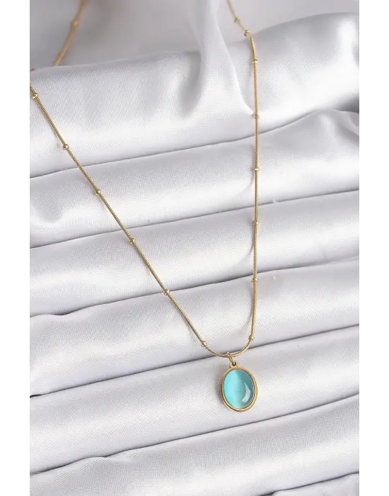  Altın  Mavi Kedi Gözü Sedefli Oval Model  Çelik Kolye