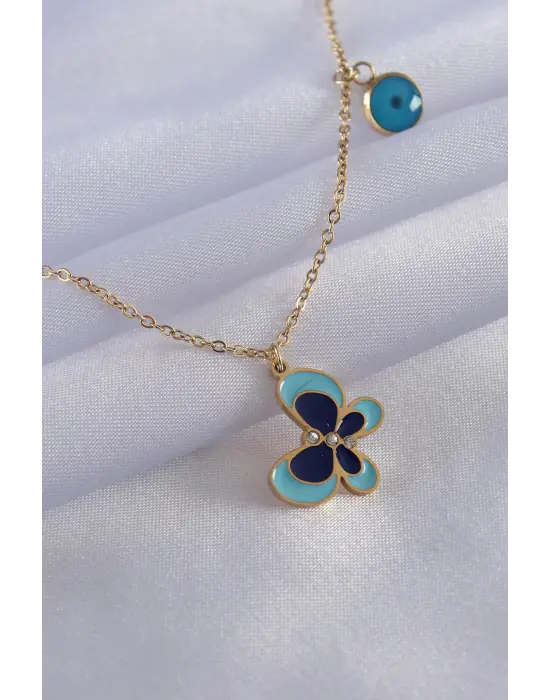  Altın  Mavi Kelebek Figür Nazar Boncuk Detay  Çelik Kolye