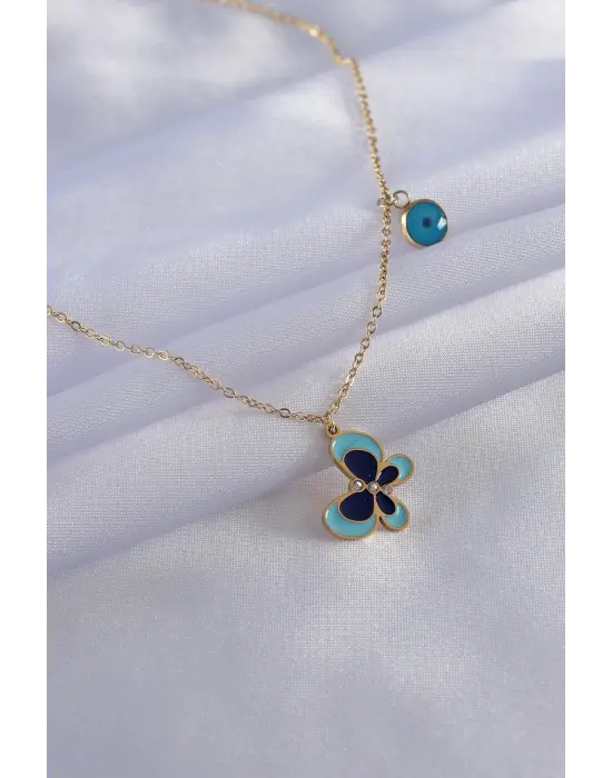  Altın  Mavi Kelebek Figür Nazar Boncuk Detay  Çelik Kolye