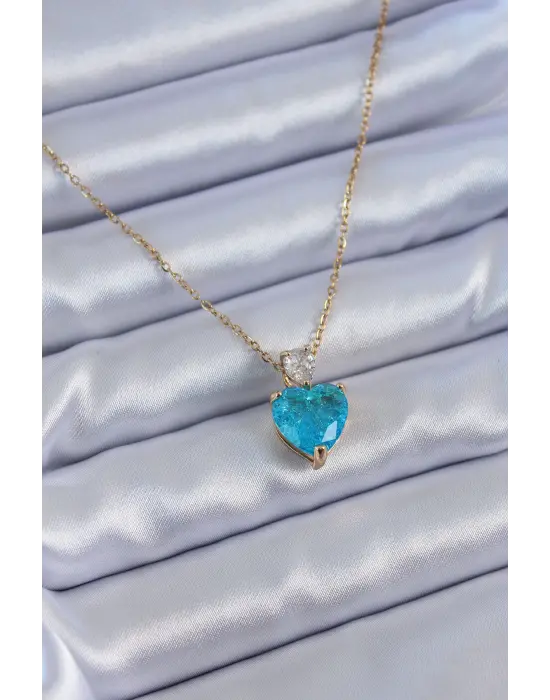  Altın  Mavi Kristal Taş Kalp Model  Çelik Kolye