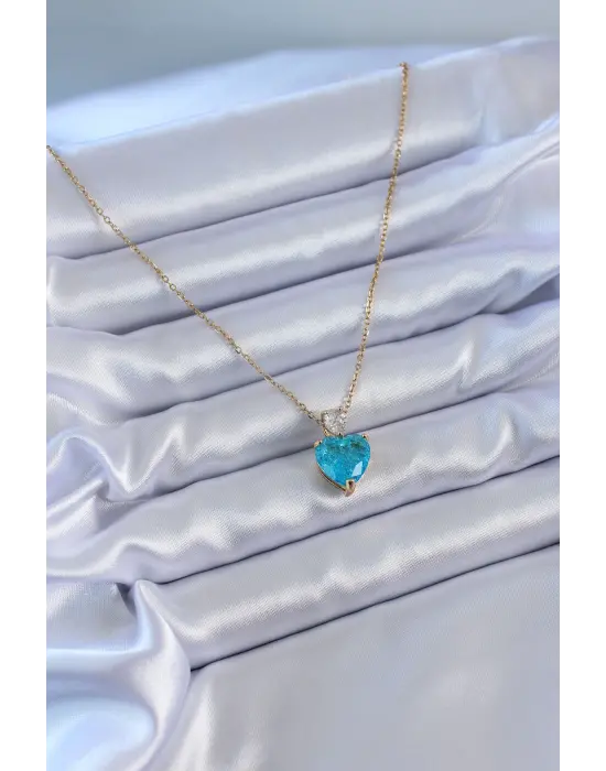  Altın  Mavi Kristal Taş Kalp Model  Çelik Kolye