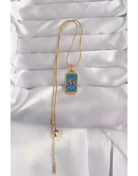  Altın  Mavi Mineli El Figür Tarot Çelik Kolye