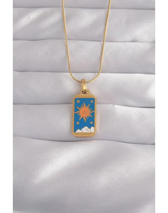  Altın  Mavi Mineli Güneş Model Tarot Çelik Kolye