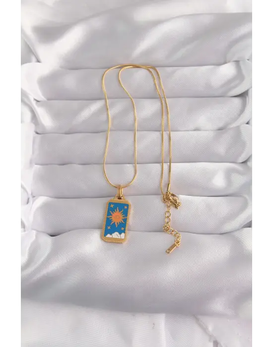  Altın  Mavi Mineli Güneş Model Tarot Çelik Kolye
