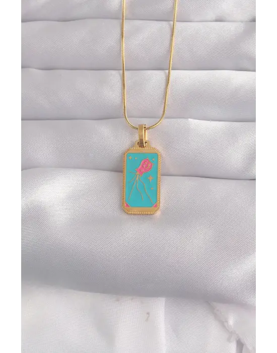  Altın  Mavi Mineli Tarot Çelik Kolye