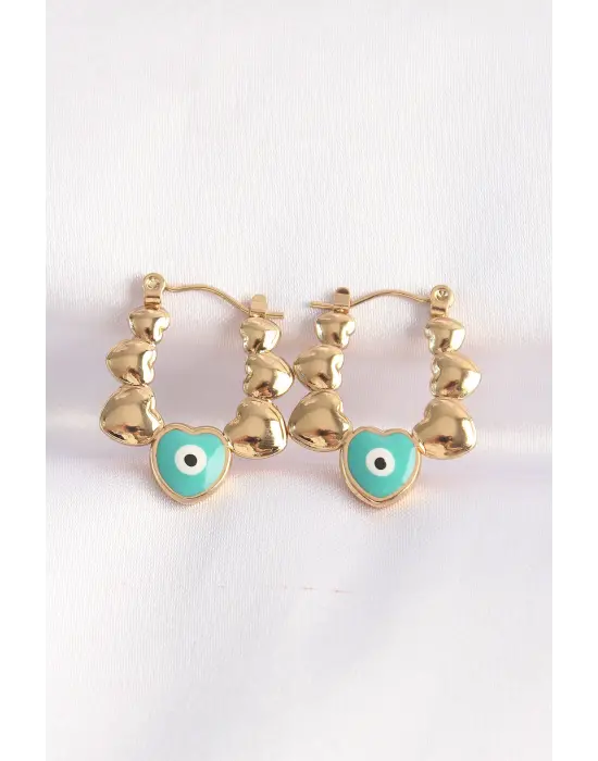   Altın Mavi Nazarlı Kalpli Model Küpe