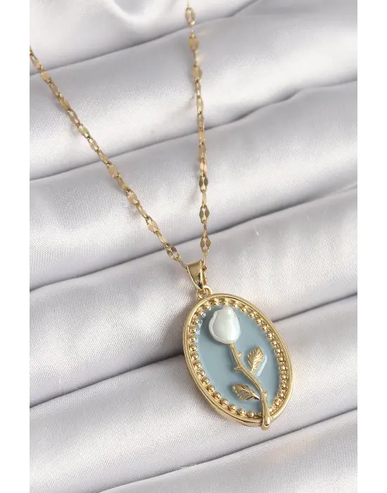 Altın Renkli Mavi Oval Portre Model Çiçek İşleme Detay Çelik Kolye