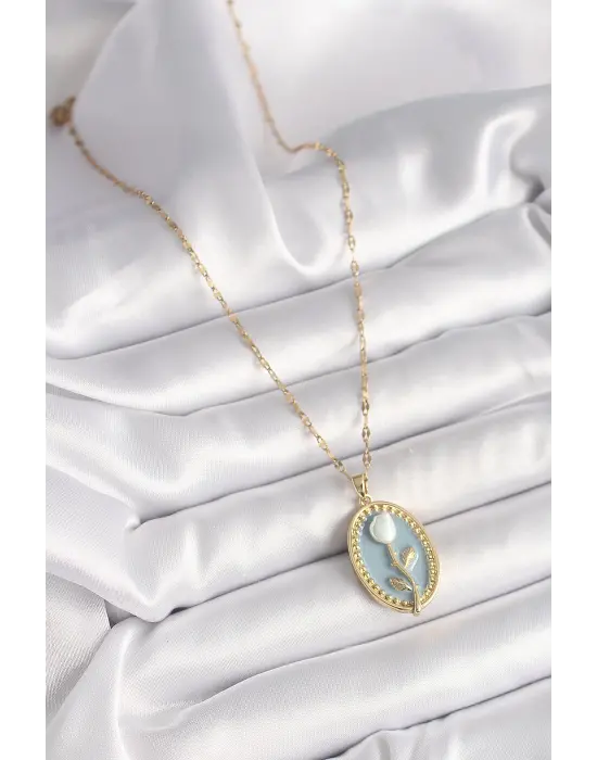 Altın Renkli Mavi Oval Portre Model Çiçek İşleme Detay Çelik Kolye