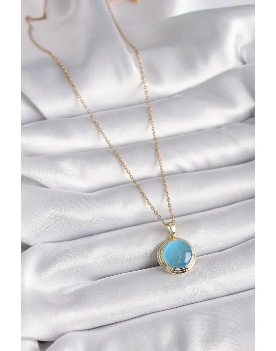  Altın  Mavi Sedefli Daire Model  Çelik Kolye