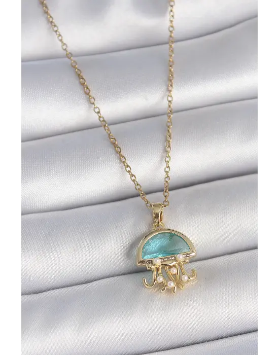 316L Çelik Gold Renk Mavi Taşlı Deniz Anası Model İnci Detay Kadın Kolye