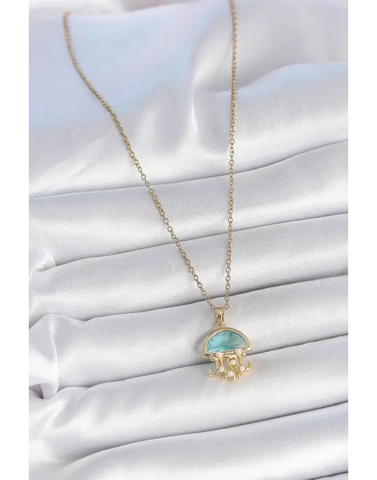 316L Çelik Gold Renk Mavi Taşlı Deniz Anası Model İnci Detay Kadın Kolye