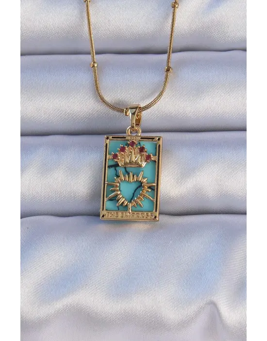  Altın  Mermer Desenli li Zirkon Taşlı Kalp Figürlü Tarot Çelik Kolye