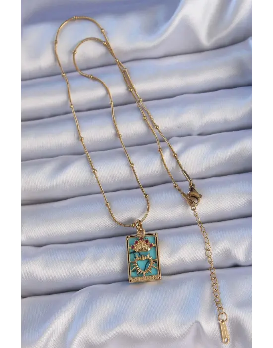  Altın  Mermer Desenli li Zirkon Taşlı Kalp Figürlü Tarot Çelik Kolye
