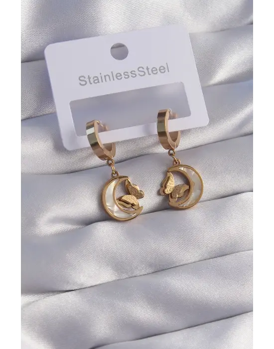   Altın Mineli Ay Figürlü Kelebek Küpe