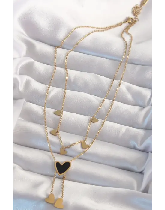  Altın  Mineli Çoklu Kalp Çelik Kolye