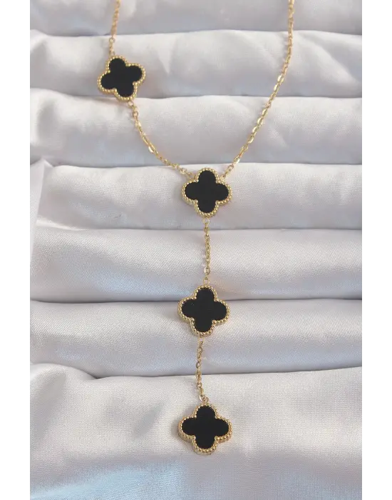  Altın  Mineli Sallantılı Zincir Yonca Çelik Kolye