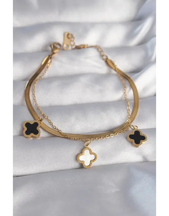 316L Çelik Gold Renk Mineli Yonca Model Çift İtalyan Zincirli Bileklik