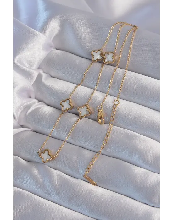  Altın  Minimal Beyaz Sedefli Yonca Çelik Kolye