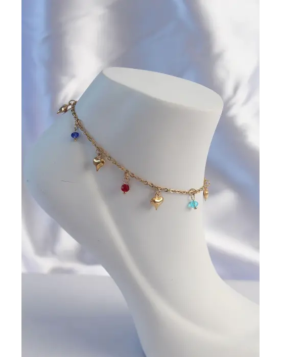 316L Çelik Gold Renk Minimal Kalp Model Renkli Zirkon Taşlı Halhal