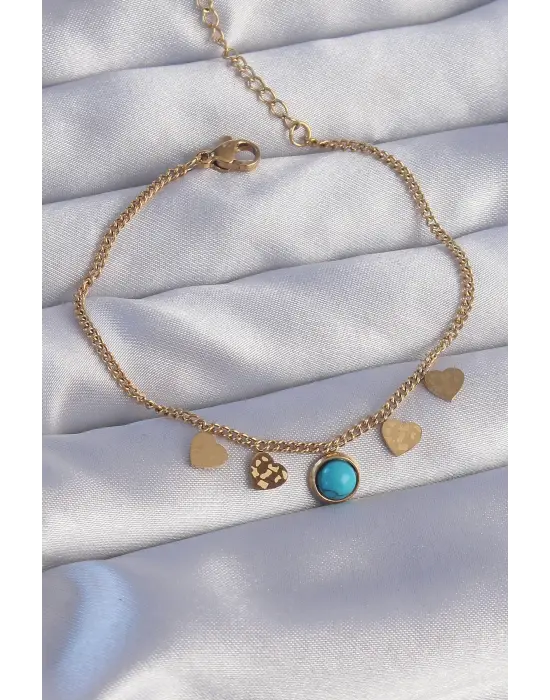 316L Çelik Gold Renk Minimal Kalpli Mavi Taş Detaylı Bileklik