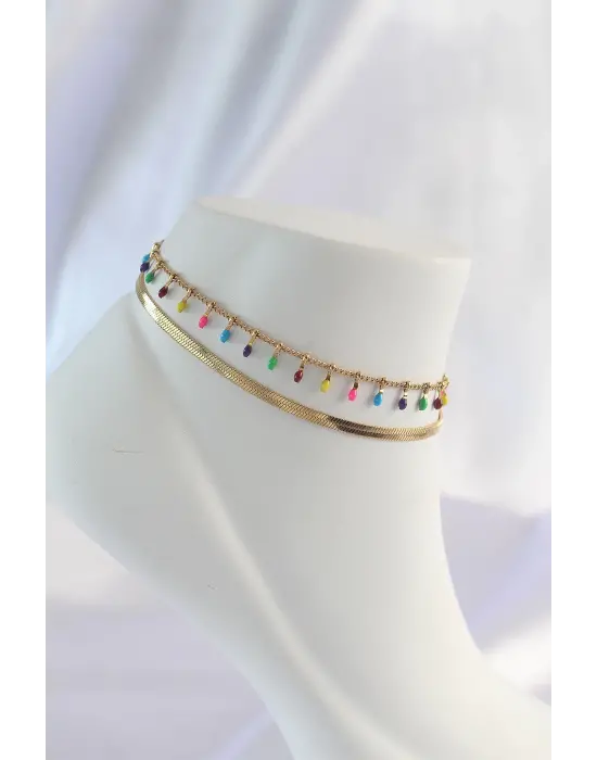 316L Çelik Gold Renk Minimal Renkli Boncuklu 2li Halhal