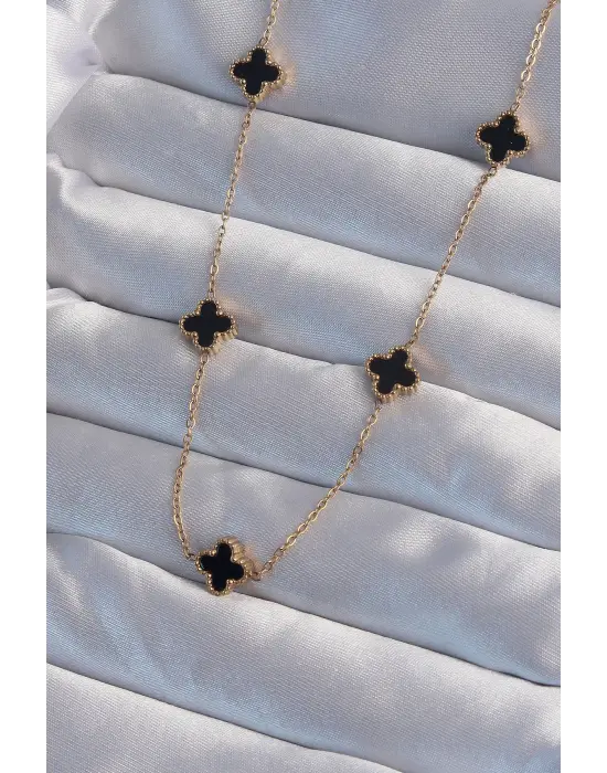  Altın  Minimal Siyah Mineli Yonca Çelik Kolye