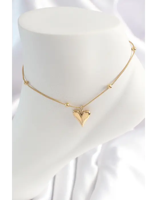 316L Çelik Gold Renk Minimal Topçuk Detay Kalp Figür Kadın HalHal